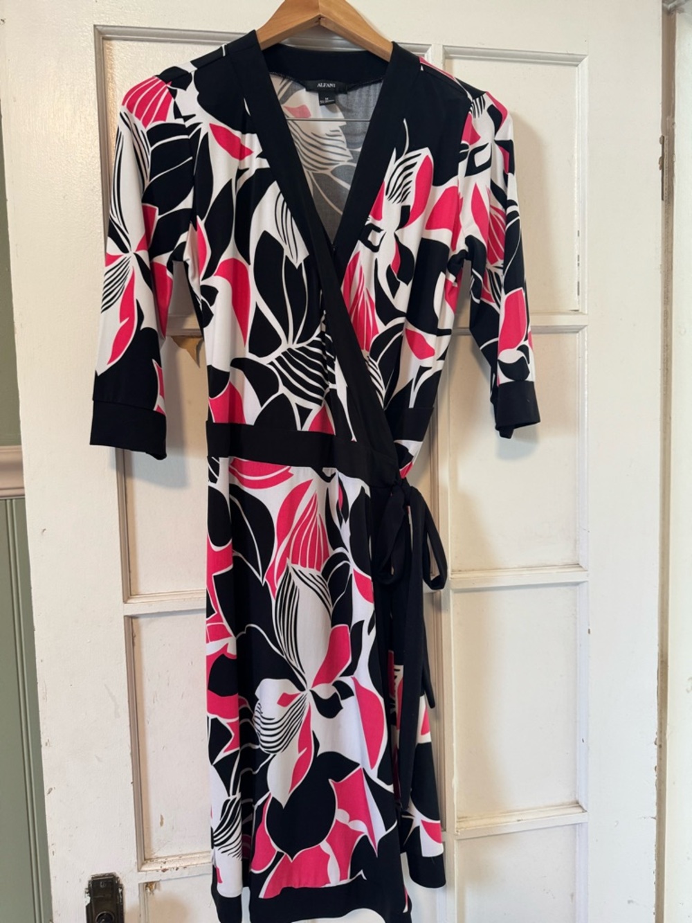 Alfani Black, White & Pink Floral Wrap Midi Dress